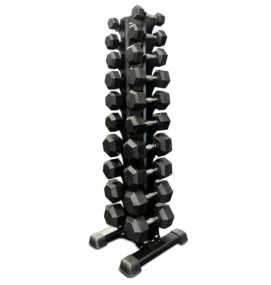 A vertical dumbbell rack in black, featuring weights neatly arranged for convenient use in a gym environment.