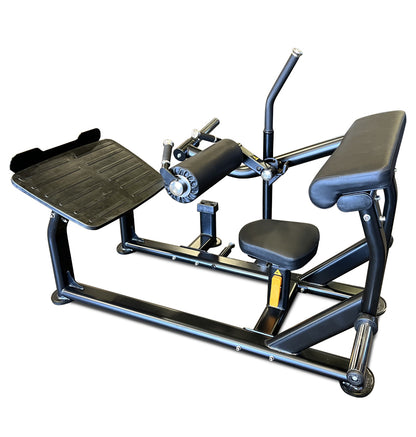 Gym machine for hip thrusts featuring a seat and a bar, model PL7386, designed for strength training exercises.