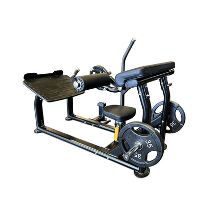Gym machine for hip thrusts, featuring a seat and a bar, model PL7386, designed for strength training exercises.