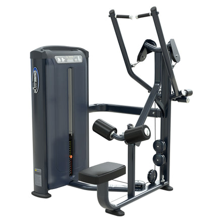Fitness equipment with a pull down bar, used for lat pulldown exercises.
