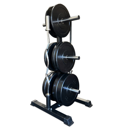 A black weight rack showcasing three plates, designed as a tall bumper plate tree with two bar holders.