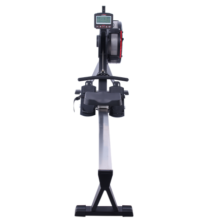 Commercial AirGo Rower rowing machine with black and red color scheme, featuring a thick padded seat, console with various function buttons, and air resistance mechanism.
