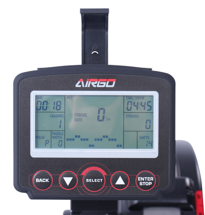 The AirGo rowing machine features a digital display, highlighting various workout metrics for user tracking.