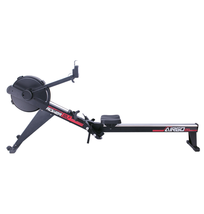 Commercial AirGo Rower rowing machine with black and red color scheme, featuring a thick padded seat, console with various function buttons, and air resistance mechanism.
