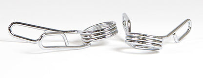 A pair of silver spring collars for weightlifting, displayed against a white background.