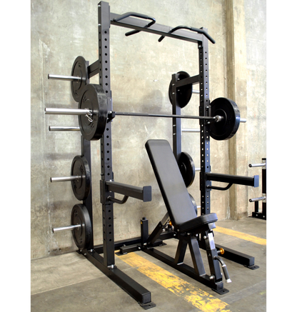 A composite image featuring a black pro half rack with multi grip pull up bar, spotter arms, power bar, spring collars, J-hooks, weight holders, and an adjustable bench with bumper plates.