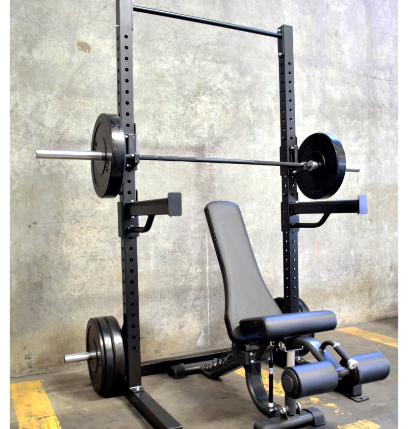 Basic Squat Rack in black, featuring a bench and bar for effective weightlifting workouts.