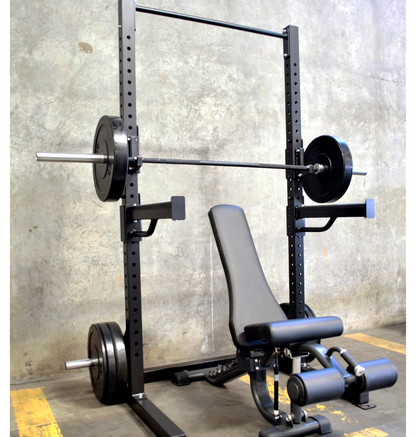 Basic Squat Rack in black, featuring a bench and bar for effective weightlifting workouts.
