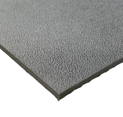 Gray rubber sheet, 4' x 6' and 3/4" thick, set on a white background, highlighting its durable surface.