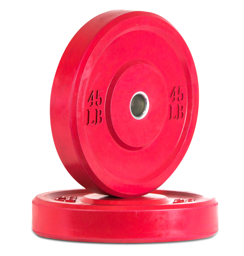 A red bumper weight plate with a protective rubber cover, designed for safe and effective weightlifting.