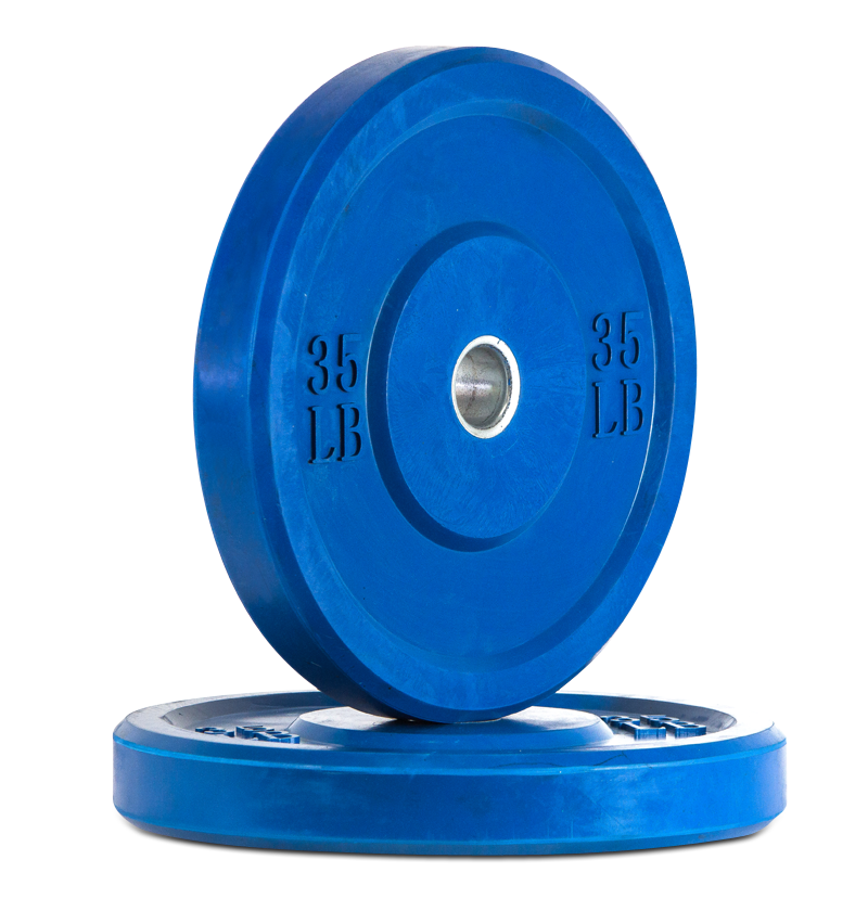 A blue weight plate with a protective blue rubber cover, designed for gym use and weightlifting exercises.