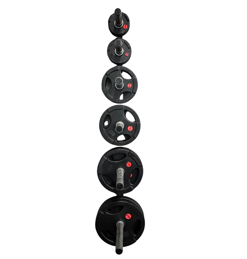 A stack of black rubber grip plates with stainless steel inserts, in various sizes for a total weight of 245lbs.