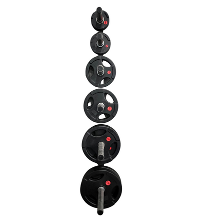 A stack of black rubber grip plates with stainless steel inserts, in various sizes for a total weight of 245lbs.