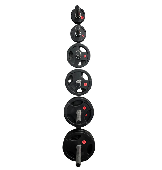 A stack of black rubber grip plates with stainless steel inserts, in various sizes for a total weight of 245lbs.