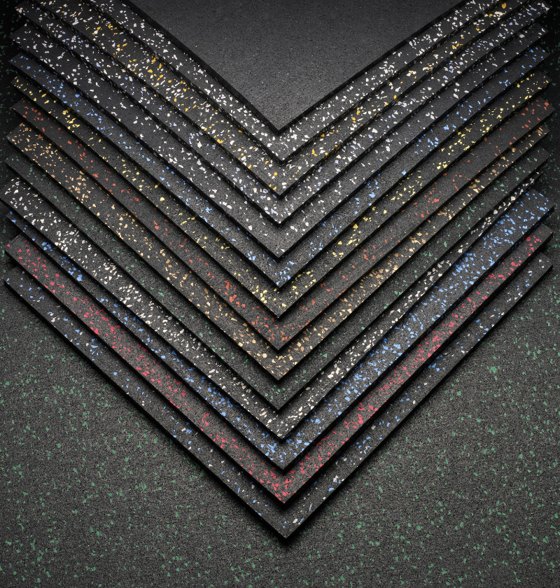 A collection of black and red tiles, representing rolled flooring available in 5/16" or 3/8" thickness.