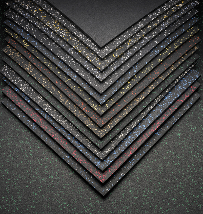 A collection of black and red tiles, representing rolled flooring available in 5/16" or 3/8" thickness.
