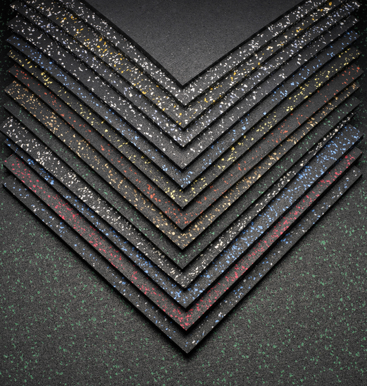 A collection of black and red tiles, representing rolled flooring available in 5/16" or 3/8" thickness.