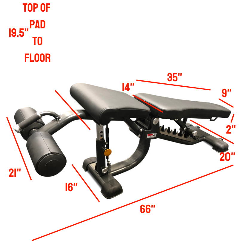 Adjustable Flat Incline Decline Bench with labeled measurements 