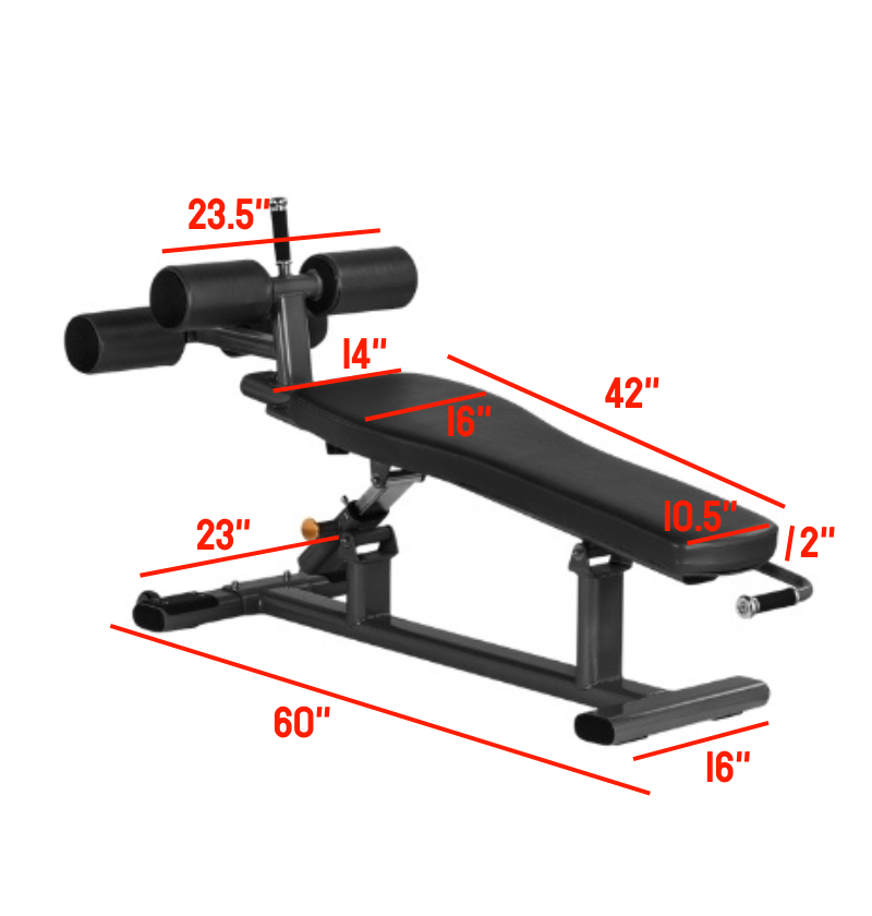 Adjustable Decline Bench with labeled dimensions 