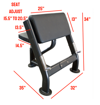 Preacher Curl Bench with labeled dimensions 