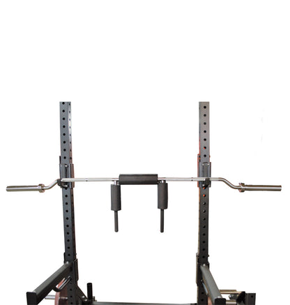 A black and red power rack featuring two bars, including a Safety Squat Bar for strength training exercises.