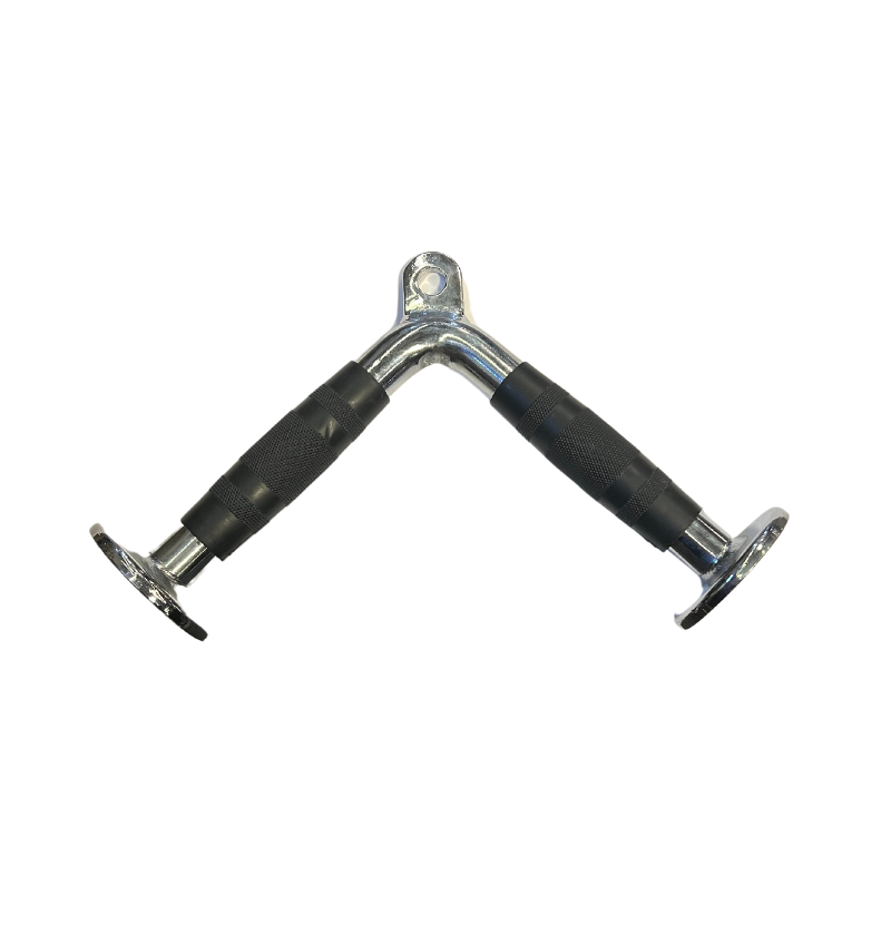 A pair of metal handlebars featuring black handles, intended for use as a solid tricep press down attachment.