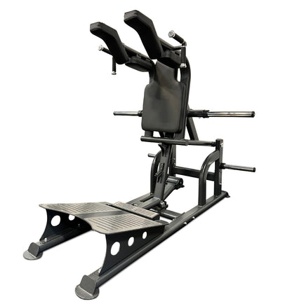 A squat machine featuring a padded seat and adjustable foot rests for strength training exercises.