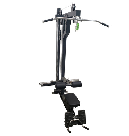 Black cable machine used for plate loaded back pulldown and low row exercises in a gym setting.