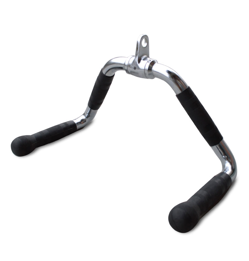  Multipurpose gym handlebar in black and chrome, equipped with two black grips for enhanced functionality.