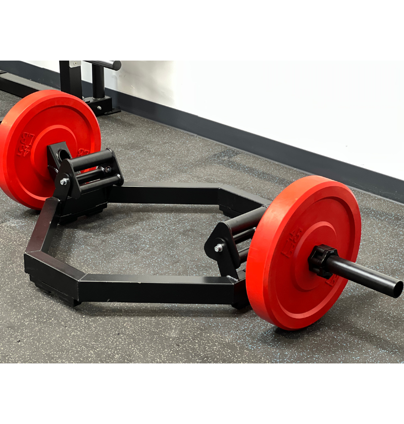 Black Elite Revolving Handle Hex Bar with a red weight plate attached.