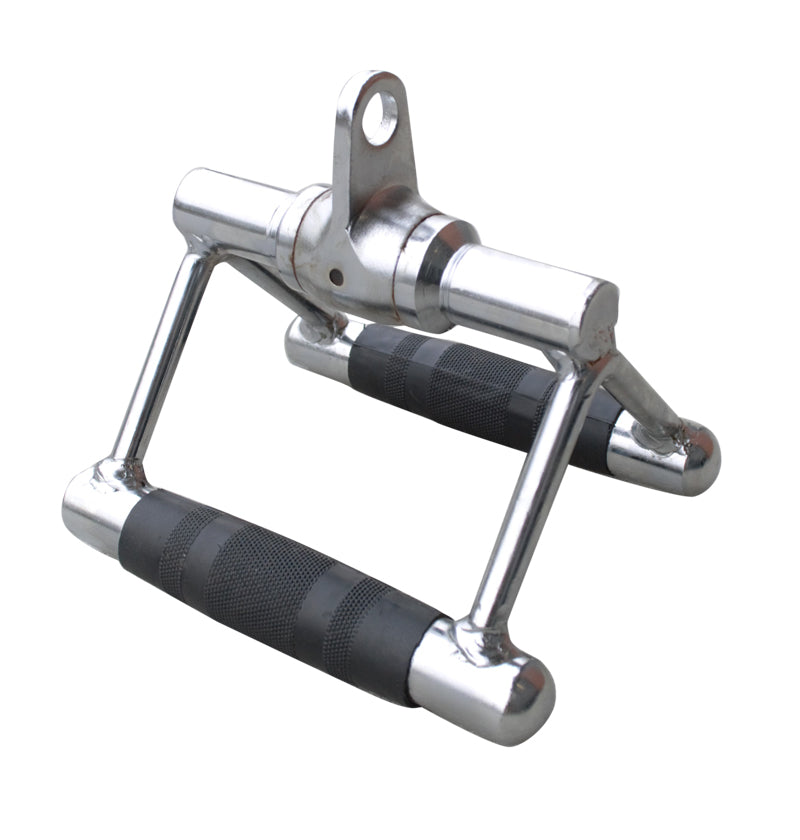 Metal handlebars with black grips, designed for the Solid Seated Row Chin Attachment.