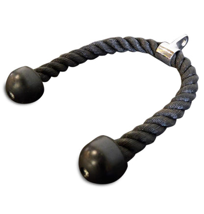  A tricep rope attachment for gym use, featuring a rope with two black balls, available for pre-order.