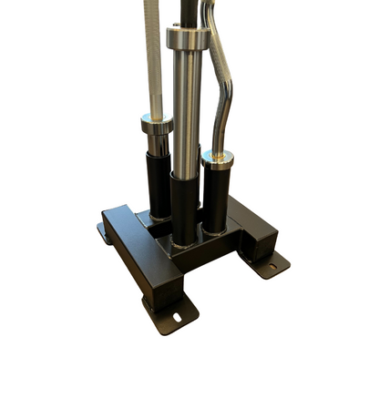 Vertical Olympic bar holders featuring a sturdy metal stand with two pipes.