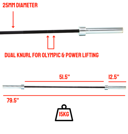 15kg women's bar with labeled dimensions 